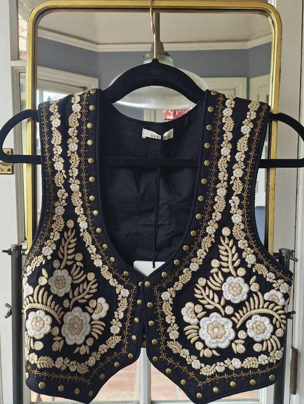 Spell Black Remi vest With Embroidered Gold & Cream FloralAccents, Small, NWT